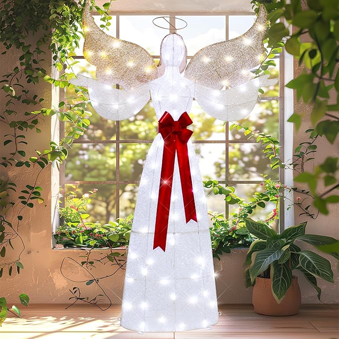 65" Lighted Angel Christmas Decoration, 3D Halo Angel with Golden Wings, White LED Lights, Outdoor/Indoor Use