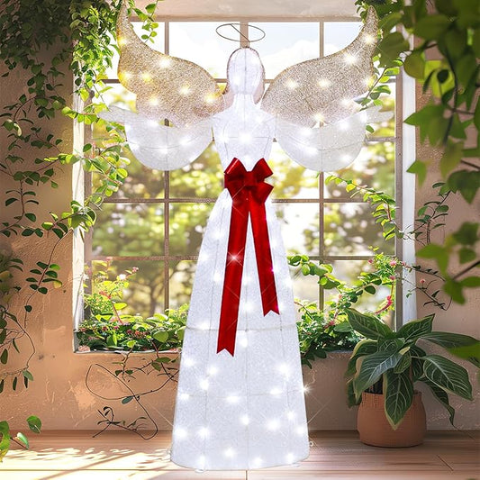 65" Lighted Angel Christmas Decoration, 3D Halo Angel with Golden Wings, White LED Lights, Outdoor/Indoor Use