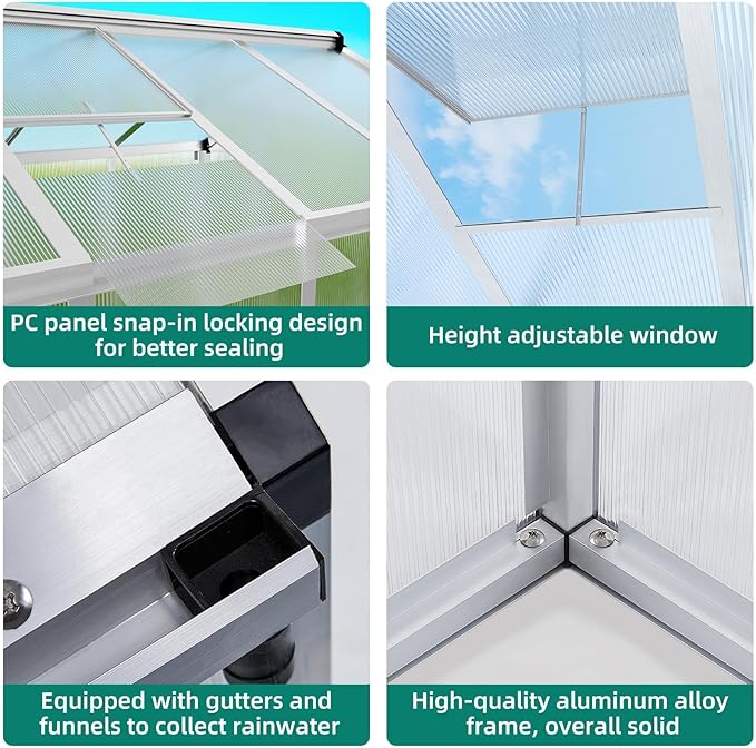 6 x 8 FT Greenhouse, Heavy-Duty Polycarbonate Large Walk-in Greenhouse Roof Vent ,Aluminum Frame & Lockable Door, for Backyard, Green Houses for Outside Garden Backyard