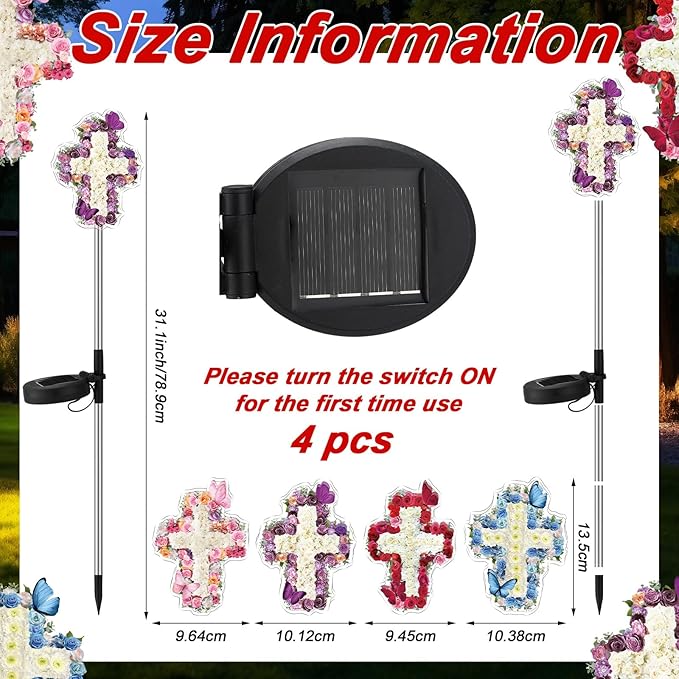Retisee 4 Pack Halloween Decoration Flowers Cross Garden Stake Solar Lights Outdoors Cemetery Yard Decor Jesus Cross Sympathy Memorial Gift Waterproof for Garden Lawn Patio Pathway Decor