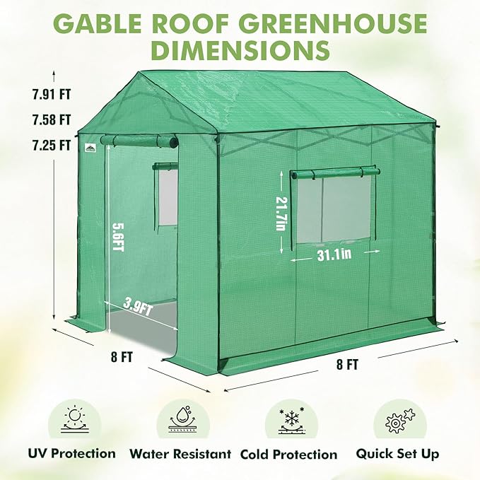 EAGLE PEAK 8x8 Portable Pop Up Greenhouse, Patented Center Lock Easy One Person Setup, Walk-in Outdoor Greenhouse with Gable Roof, Weight Bags, Zippered Doors & Windows, Green