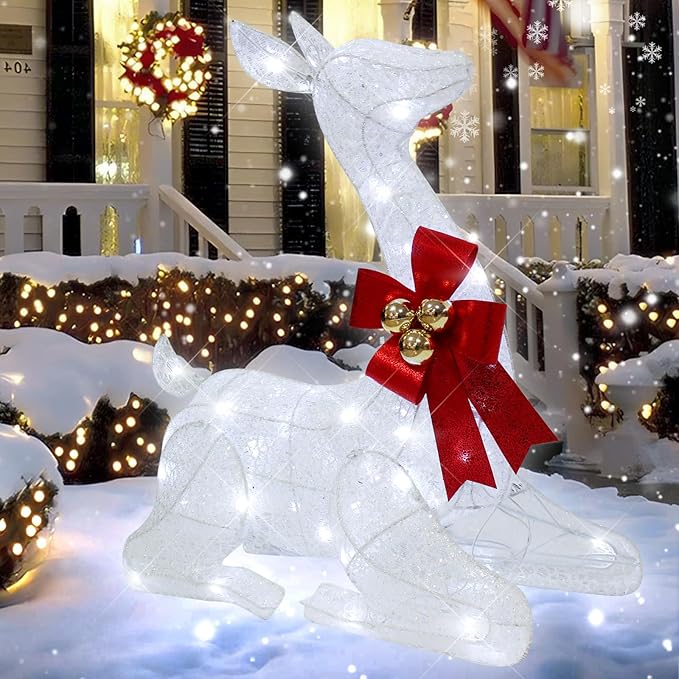 27" Christmas Deer Outdoor Decoration with Lights,3D Lighted-up Xmas White Reindeer with Red Bow and Bell Christmas Ornament,Kneeling Deer Perfect for Lawn Porch Indoor Outdoor Holiday Decor