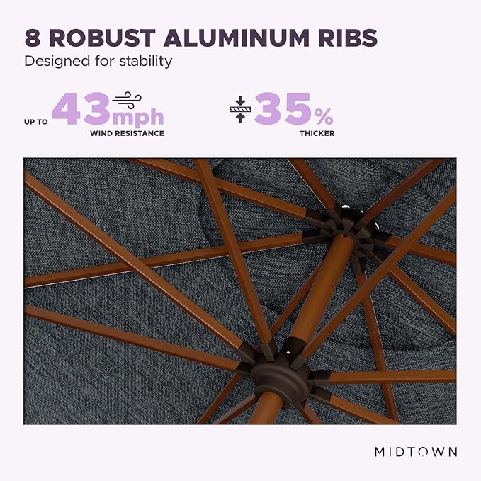 Midtown Umbrellas Sunbrella Umbrella Outdoor Patio Umbrella 2-8 Feet in Cast Slate Acrylic Fabric - Auto-Tilt Aluminum Frame For Backyard Umbrella, Deck Umbrella & Porch Umbrella - Wooden Pole