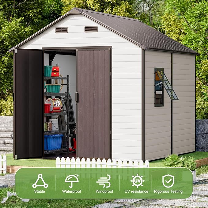8x8 FT Outdoor Storage Shed, Waterproof Resin Shed with Floor Included & Lockable Door & Window & Vents, Outside Plastic Sheds for Backyard, Patio, Poolside, Lawn, Dove Grey
