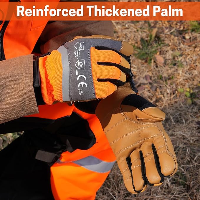 Chainsaw Gloves, Genuine Leather Logging Safety Gloves, 12-Layer Anti-cutting Protection on Left Hand Back, Cowskin