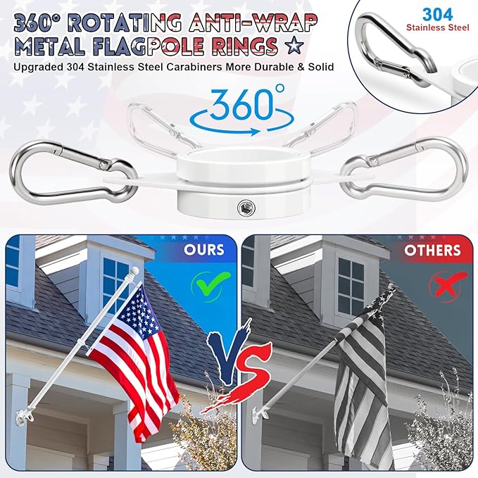 REERON House Flag Pole kit, 5 FT Metal Spinning Flag Poles Kit, 1" Tangle Free Stainless Steel Flagpole with 360° Flagpole Rings & 2-Position Bracket for Outside House Porch Wall Mount for 3x5 Flag
