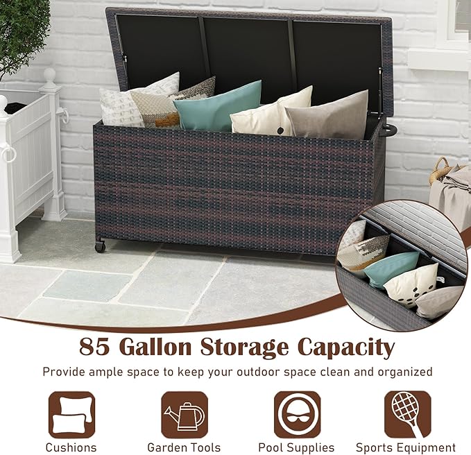 RELAX4LIFE 85-Gallon Deck Box with Wheels - Wicker Rattan Storage Bin Container w/Waterproof Liner & Gas Strut for Patio Cushions, Garden Tools, Pool Supplies, Indoor Outdoor Storage Box (Brown)