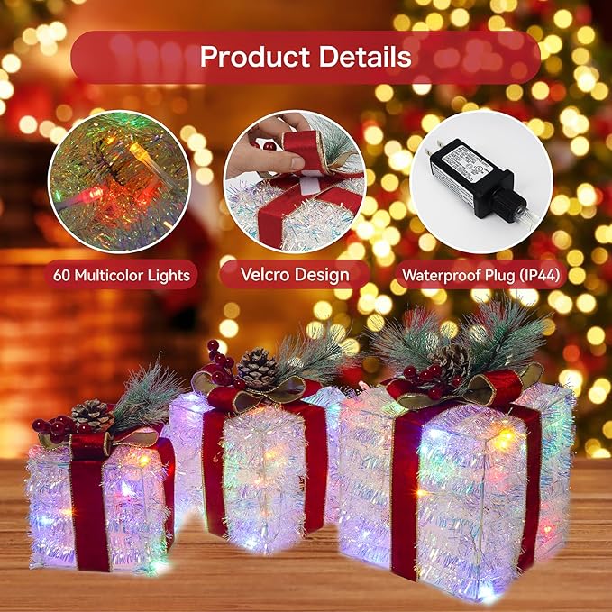 Set of 3 Christmas Lighted Gift Boxes, 60 LED Light Up Present Boxes for Christmas Decorations Indoor Outdoor Yard Xmas Tree Holiday Party Lawn Porch Home Decor(Multicolor)