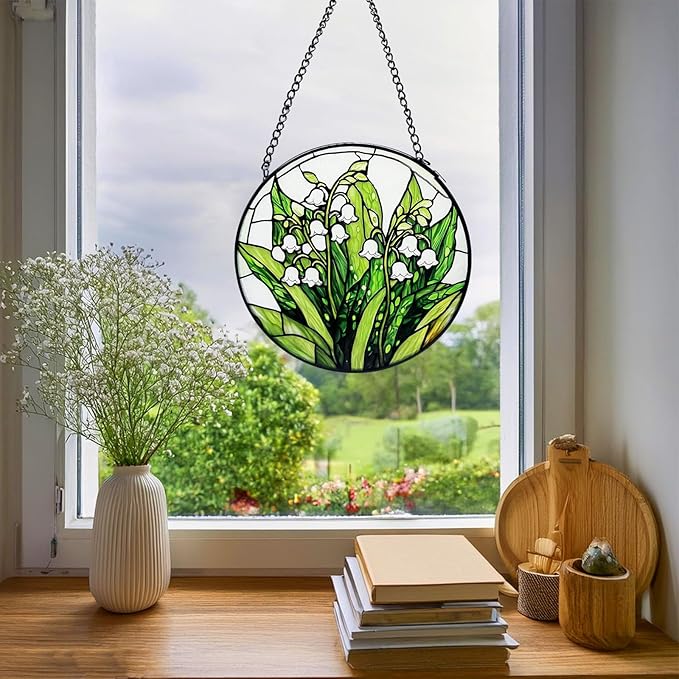 Stained Glass Window Hanging, Lily of The Valley Flower Diamond Glass Panel Suncatcher Green Plant Sun Catchers for Home Garden Balcony Window Decor, Plant Lover Gifts (11.8 Inch)