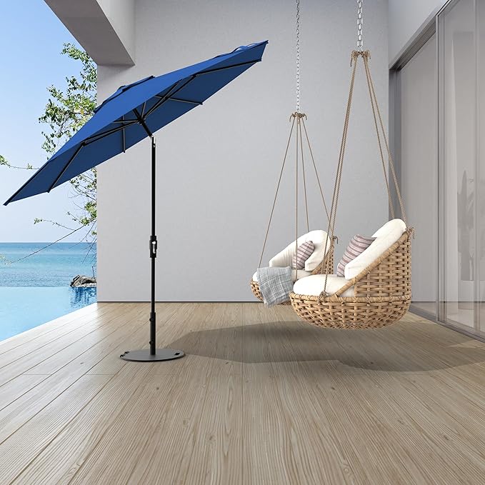 Midtown Umbrellas The Swilt 8 Feet Patio Umbrella in Sunbrella Dark Blue Acrylic Fabric - Fiberglass Ribs, Auto-Tilt Aluminum Frame For Backyard, Deck, Garden, Pool - White Pole