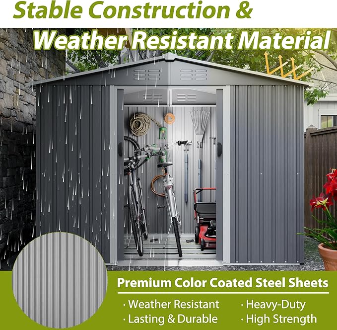 Metal Outdoor Storage Sheds 8 x 6 FT Lockable Metal Garden Shed Steel Anti-Corrosion Storage House with Double Lockable Door for Backyard Outdoor Patio