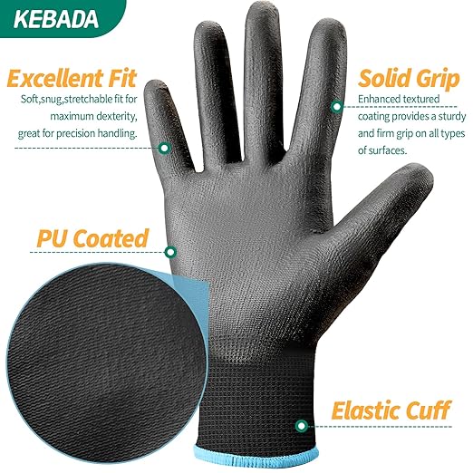 Kebada Safety Work Gloves, 12 Pairs Work Gloves with Grip, PU Coated Grip Gloves for Warehouse, Construction, Gardening and Mechanics, Black, Medium