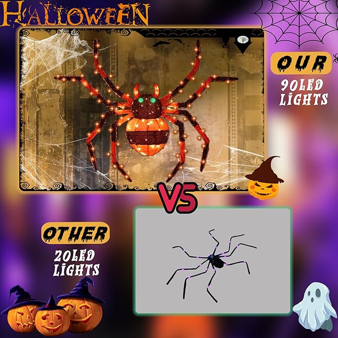 【1 Piece】 4.6Ft Giant Spider Halloween Decorations Outdoor 55" Light Up Spider with 90 LED Lights for Front Yard, Porch, Garden, Lawn, Halloween Party (Orange)