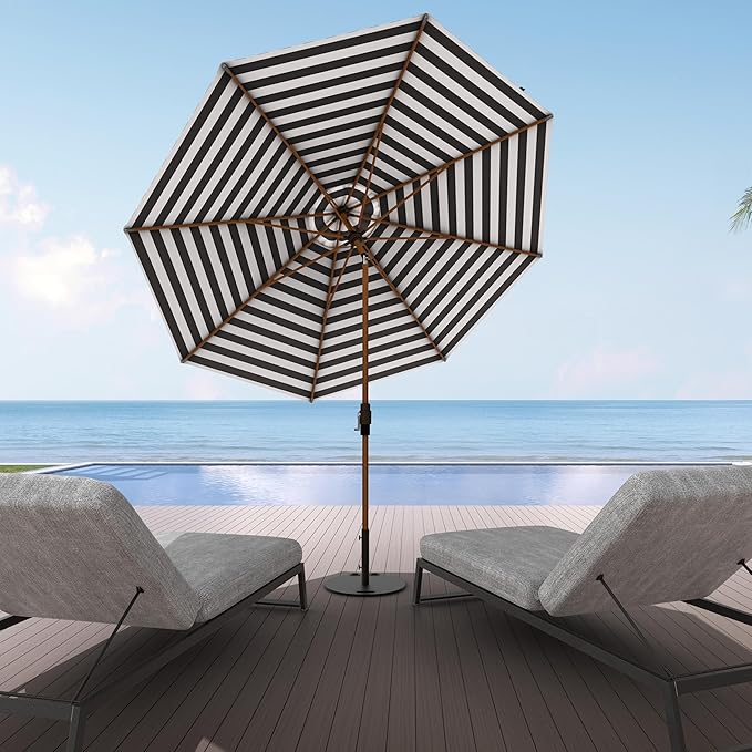 Midtown Umbrellas Wooden 2-8 Feet Outdoor Patio Umbrella, Terylast Black & White Stripes Fabric, Aluminum Frame For Backyard Umbrella, Deck Umbrella, Garden Umbrella & Pool Umbrella - Wooden Pole