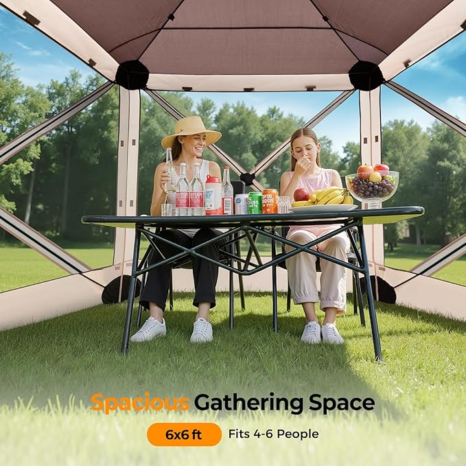 Tecoom 4 Side Pop Up Gazebo Tent, 6x6ft Waterproof Instant Screen with Mosquito Netting, Removable Wind Cloths, Portable Outdoor Canopy for Sun Shelter for Camping, Garden and Picnics