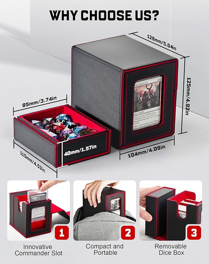 ZLCA MTG Commander Deck Box with Display Window, Deck Box Holds 100 Double-Sleeved with Dice Tray & 35pt Magnetic Card Holder（Black& Red）