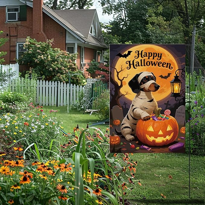 Halloween Garden Flag Scary Dog Bat Fall Halloween Themed Holiday Party Outside Outdoor Lawn Decorations Yard Flag Double Sided 12x18 Inch