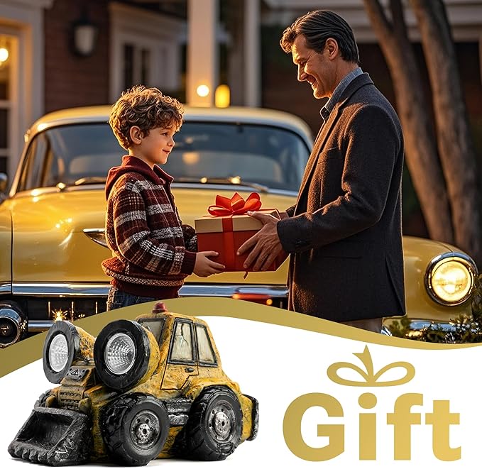 Garden Statue Outdoor Solar Light Decor with LED Light Rustic Vintage Bulldozer Construction Vehicle Decoration for Lawn Patio Yard Gifts for Women