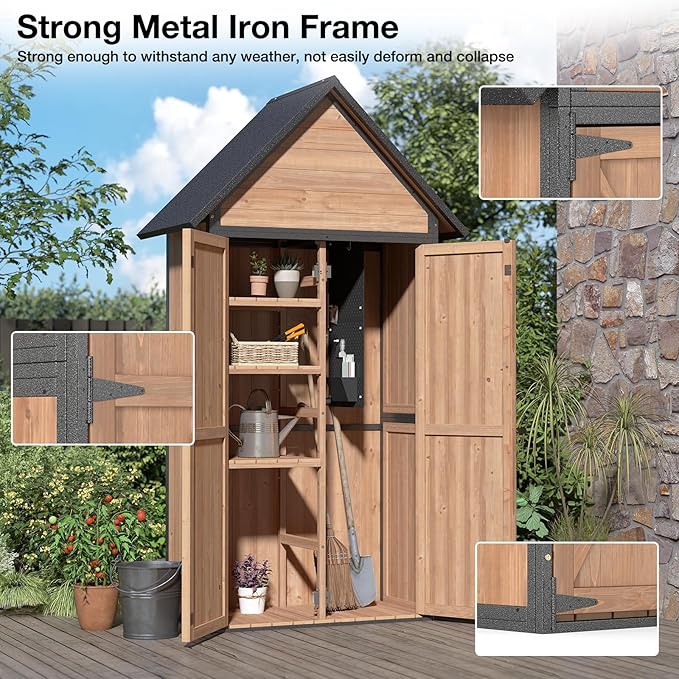 Outdoor Storage Shed with Strongest Metal Frame, Storage Cabinet with Floor, Weatherproof Tool Shed with Adjustable Shelfs, Lockable Metal Garden Shed Steel for Backyard Patio (Light Brown)