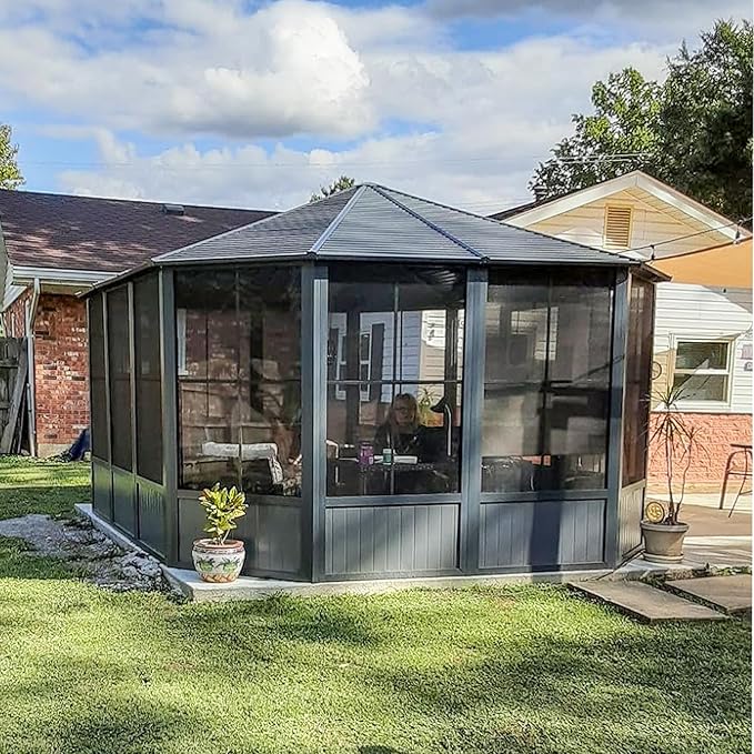 Domi 13 x 13 Sunroom Octagonal Solarium,Screen Houses for Outdoors Backyard with Lockable Sliding Door,Moveable PC Screen,Galvanized Steel Sloping Roof