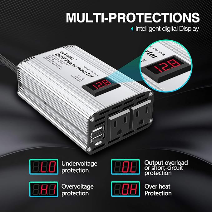 300W Power Inverter DC 12V to 110V AC Car Inverter with 4.8A Dual USB Car Adapter with LED Display