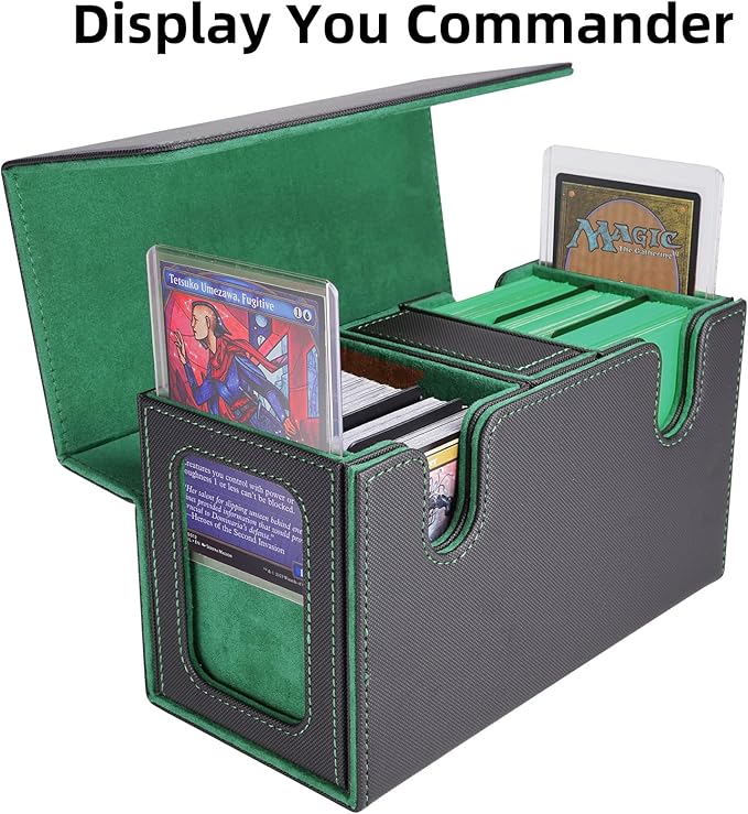 AFIING MTG Commander Card Storage Box - Fits 200 Double Sleeved Cards,3-in-1Card Deck Case,Strong Magnet Card Organizer For Magic Commander TCG CCG,4Dividers &2 Toploaders, Black/Green