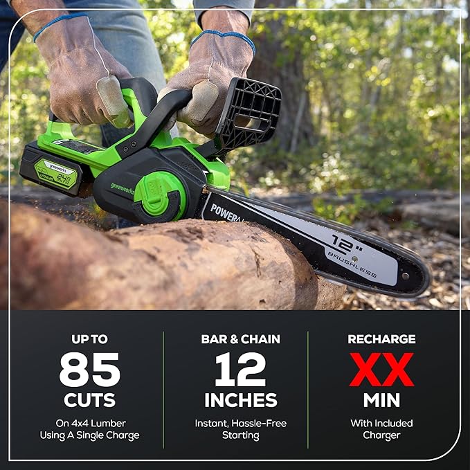 Greenworks 24V 12" Brushless Cordless Compact Chainsaw (Great For Storm Clean-Up, Pruning, and Firewood / 125+ Compatible Tools), 4.0Ah Battery and Charger Included
