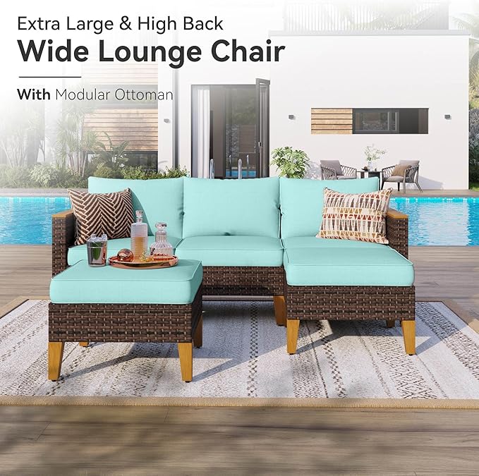 GREEN PARTY 7 Pieces Wicker Patio Furniture Set, All-Weather Outdoor Rattan Patio Sectional Sofa Conversation Set with 4" Thick Cushions for Garden, Backyard, 2 x Ottomans (Blue)