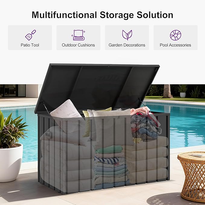 PURPLE LEAF Outdoor Deck Box 160 Gallon Waterproof Lockable Storage Box Container with Lid Deck Organization for Patio Cushions Side Table Pool Accessories Garden Tools, Gray