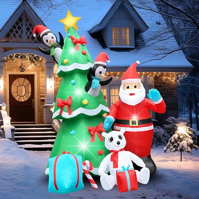 10FT Christmas Inflatable Xmas Tree with Smiley Santa, A Penguin in Red Hat, Polar Bear & Gift Boxes Light-Up Blow Up Yard Decor for Holiday Lawn, Garden, or Festive Family Fun Display