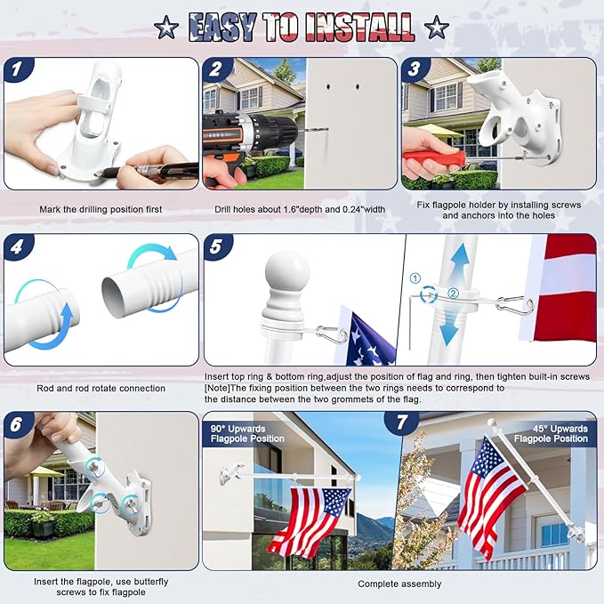 REERON Flag Pole Kit for House, 6 FT Stainless Steel Spinning Flag Pole, 1" Rustproof Porch Flagpole with 360° Tangle Free Metal Flagpole Rings & 2-Position Bracket for Outdoor Sport for 3x5 Flags