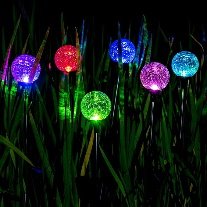 SOLPEX Solar Garden Lights 6 Pack, Solar Globe Lights Outdoor Waterproof, Solar Lights Outdoor Decorative, Multi-Color Changing Garden Spheres Large Waterproof for Yard, Cracked Glass Ball LED Lights