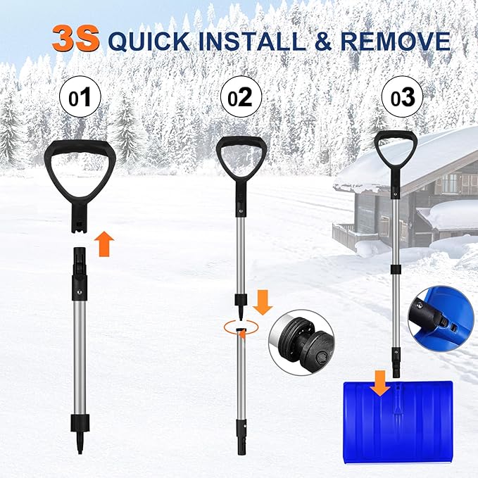Ergonomic Large Snow Shovel for Driveway: 48-Inch Dual-Lock Knob Anti-Wobble Handle, 16" Plastic Blade w/Metal Edge, Ultra-Light 1.9 lb, Portable Aluminum Shaft, Car, Camping & Emergency, Blue
