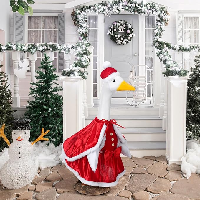 Christmas Mrs. Claus Goose Outfit Dresses Clothes for 23" High Cement or Plastic Goose Lawn Clothing Porch Garden Costume for Yard Outdoor Patio Statue Xmas Santa Holiday Decor