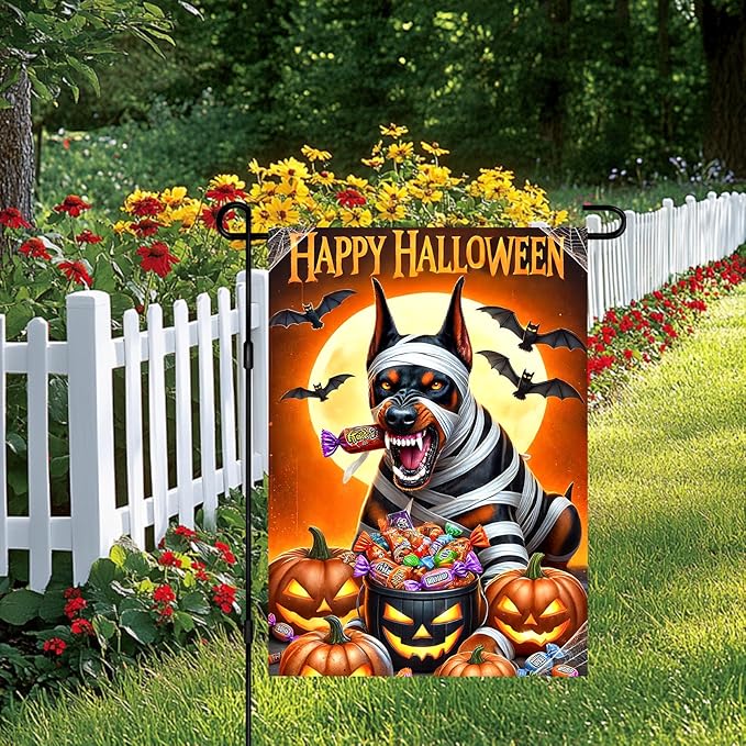 Happy Halloween Garden Flag 12x18 Inch Doberman Mummy Dog Decorative Yard Flag Double Sided Halloween Outdoor Decor Trick or Treat Candy Banner