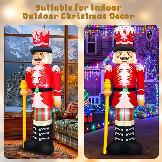 Christmas Inflatables 8FT Nutcracker Figurine Red & White Soldier with Candy Cane Stripes, Staff & Crown Hat Festive Holiday Blow Up Decoration for for Lawn, Garden or Xmas Display