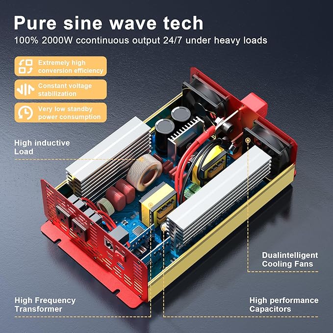 2000W Pure Sine Wave Inverter 12V DC to 120V AC Converter for Family Emergency Preparedness,Camping,RV,Solar DIY,Outdoors,Built-in 5V/2.1A USB-A,USB-C,Hardwire Port, Remote Controller