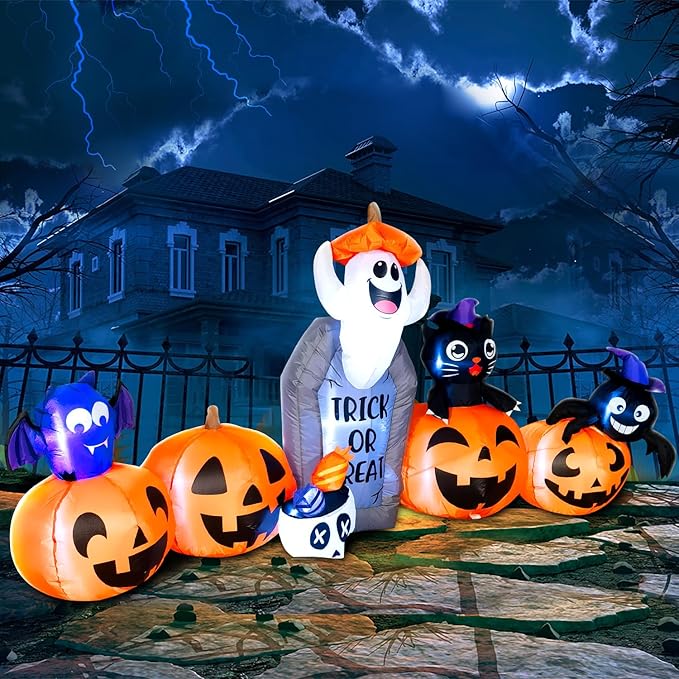 DomKom 8FT Halloween Inflatable Decorations, Blow Up Pumpkins and Tombstone Ghost Cat Bat Spider, LED Lights, Holiday Decoration for Halloween Party Outdoor, Yard, Garden Lawn Décor
