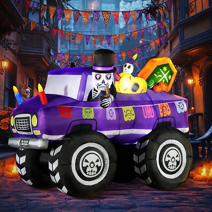 DomKom 7FT Halloween Inflatable Blow Up Decorations, Dia de Los Muertos Day of Dead Catrina Skulls Monster Truck, Built-in LEDs for Holiday Party, Garden, Lawn, Yard, Patio Décor