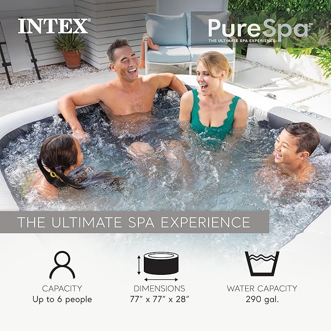 Intex PureSpa Plus Greystone Square Hot Tub 6 Person Inflatable 94" Outdoor Relaxing 170 AirJet Spa Bundled with 4 PureSpa Cushioned Headrest Pillows