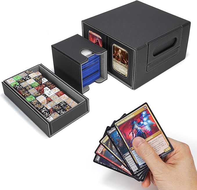 AFIING Commander Deck Box for MTG/EDH, Fits 400+ Double-Sleeved Cards, with Display Window, 4 Removable Deck Cases, Dividers, Dice Tray & Handle, Card Holders for TCG (Black Grey)