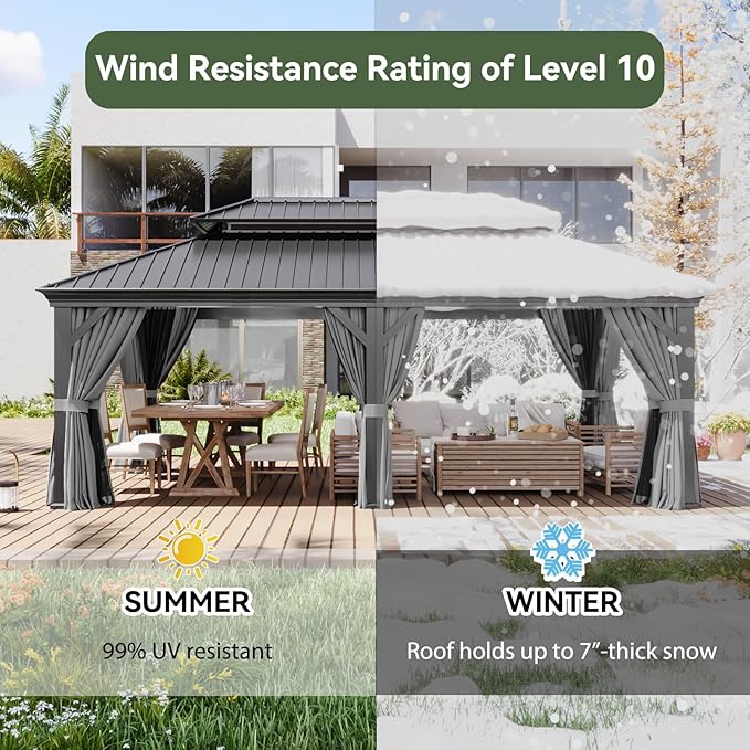 Aoxun 12' X 20' Hardtop Gazebo with Drainage System, Aluminum Outdoor Gazebo with Galvanized Steel Double Roof, Patio Permanent Metal Pavilion with Netting, for Garden, Deck, Grey, Square Foundation