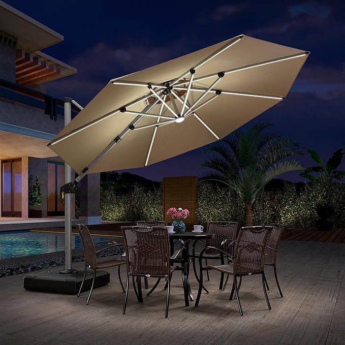 PURPLE LEAF 11ft Patio Umbrella With Base Solar powered LED Cantilever Umbrella with LED lights Windproof Outdoor Offset Umbrella for Garden Deck Pool Patio, Beige