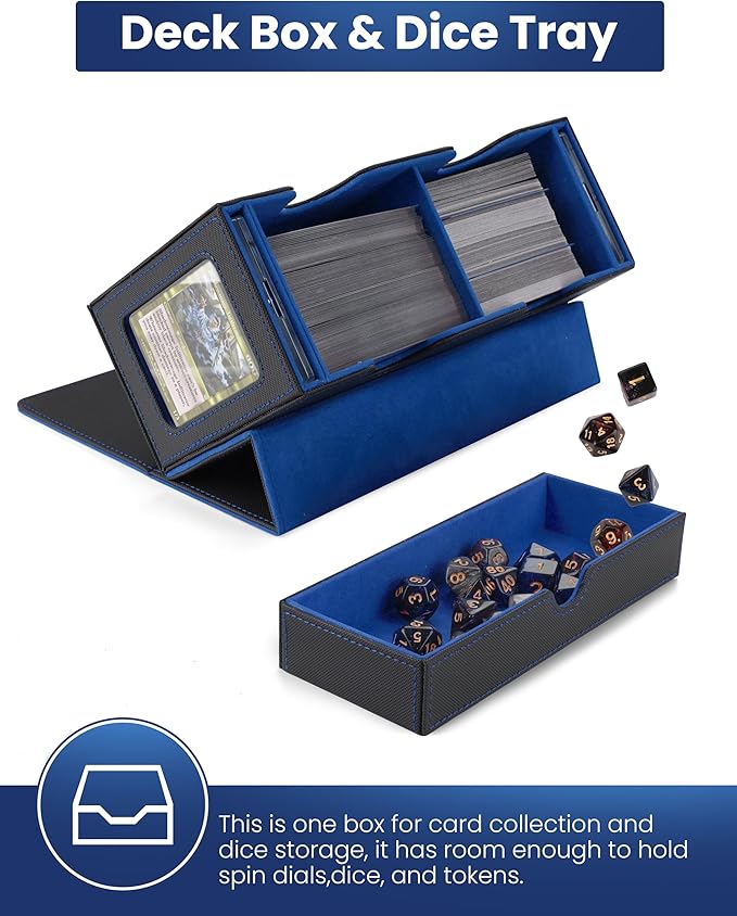 MRAUF MTG Deck Box with Double Commander Display and Dice Tray, Fits 200+ Double Sleeved Cards, Card Storage Box Plus 2 Magnetic Holders& 100Pcs Card Sleeves (Black& Blue)