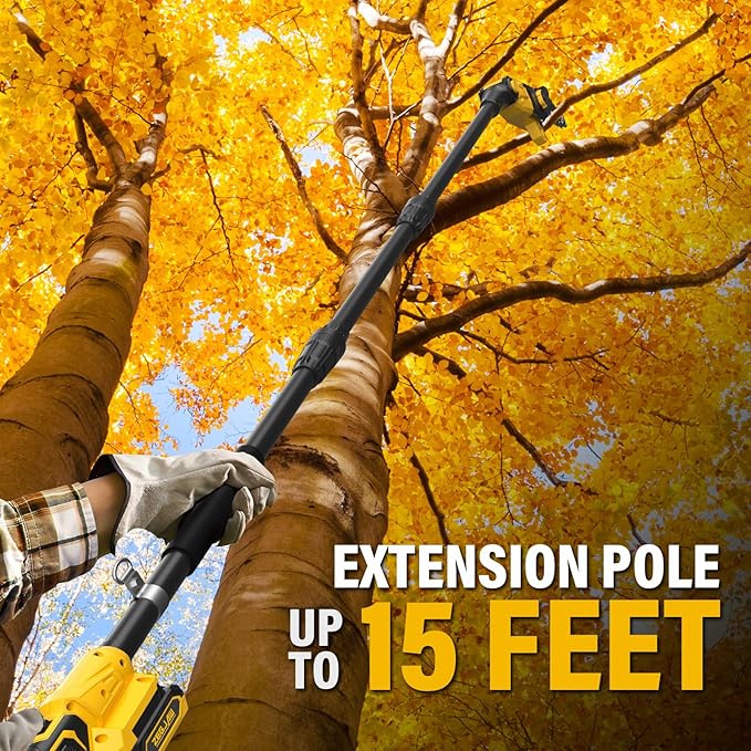 Pole Saw, 8-Inch Pole Saw for Tree Trimming Cordless 15-FT Max Reach, Auto Oiling, Tool-Less Electric Pole Saws, Tree Trimmer with Battery & Fast Charger