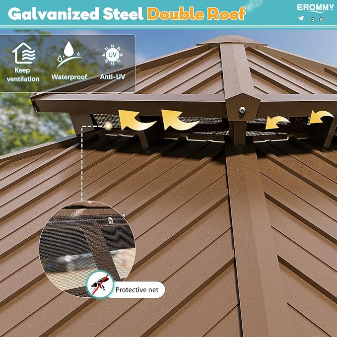 EROMMY 10'x10' Gazebo Hardtop, Galvanized Steel Double Roof Metal Gazebo with Aluminum Frame, Permanent Outdoor Pavilion with Curtain and Netting for Patio, Lawn and Garden, Brown