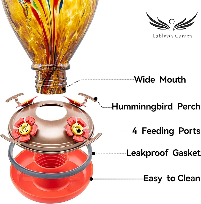 2 Packs Hummingbird Feeder for Outdoors Hanging Ant and Bee Proof, 34OZ 32OZ Hand Blown Glass Hummingbird Feeders for Outside (Yellow & Blue)