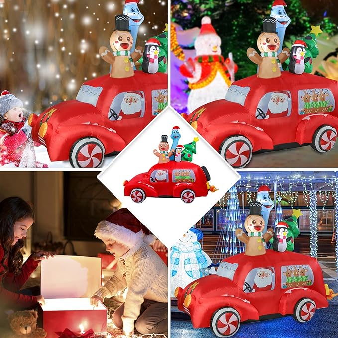 VCUTEKA Christmas Inflatables Outdoor Decorations - 8FT Inflatable Red Car with Gingerbread Man and Dinosaur Christmas Blow Up Yard Lighted for Holiday Garden Lawn Xmas Decor