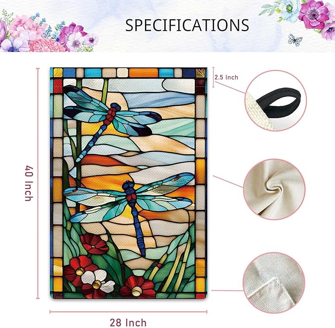 Spring Summer Dragonfly Garden Flag Glass Style Flowers Garden Flag Vertical Double Sided Rustic Farmland Burlap Yard Lawn Outdoor Decor 28x40"