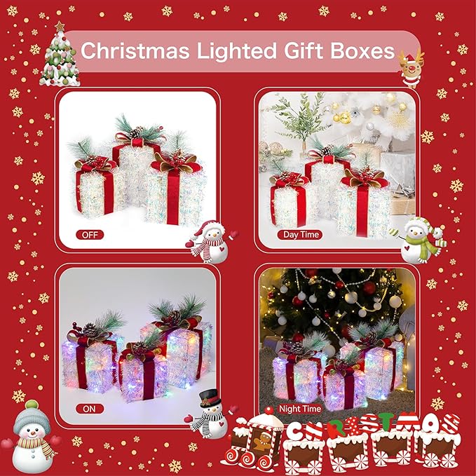 Set of 3 Christmas Lighted Gift Boxes, 60 LED Light Up Present Boxes for Christmas Decorations Indoor Outdoor Yard Xmas Tree Holiday Party Lawn Porch Home Decor(Multicolor)